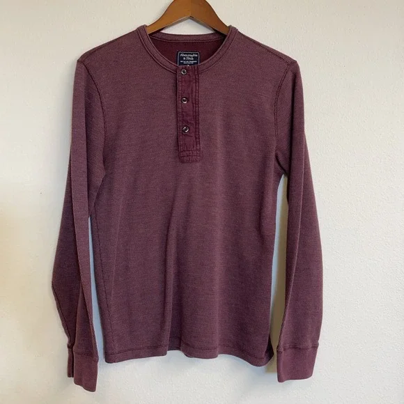 Abercrombie & Fitch Shirt Mens Medium Red Waffle Knit Thermal Henley Comfy Casua - Picture 1 of 11